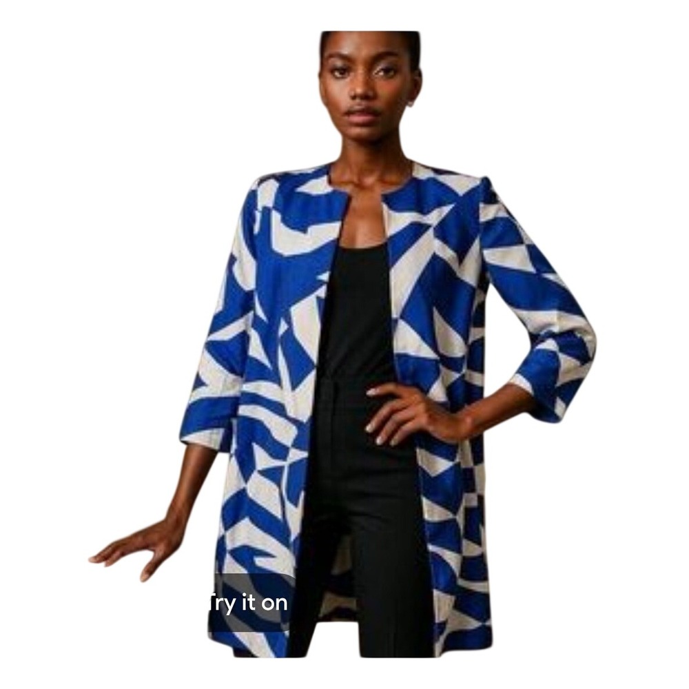 Chico's Blue White Abstract Geometric Open Front Topper Jacket Size 2 Large - Picture 1 of 5